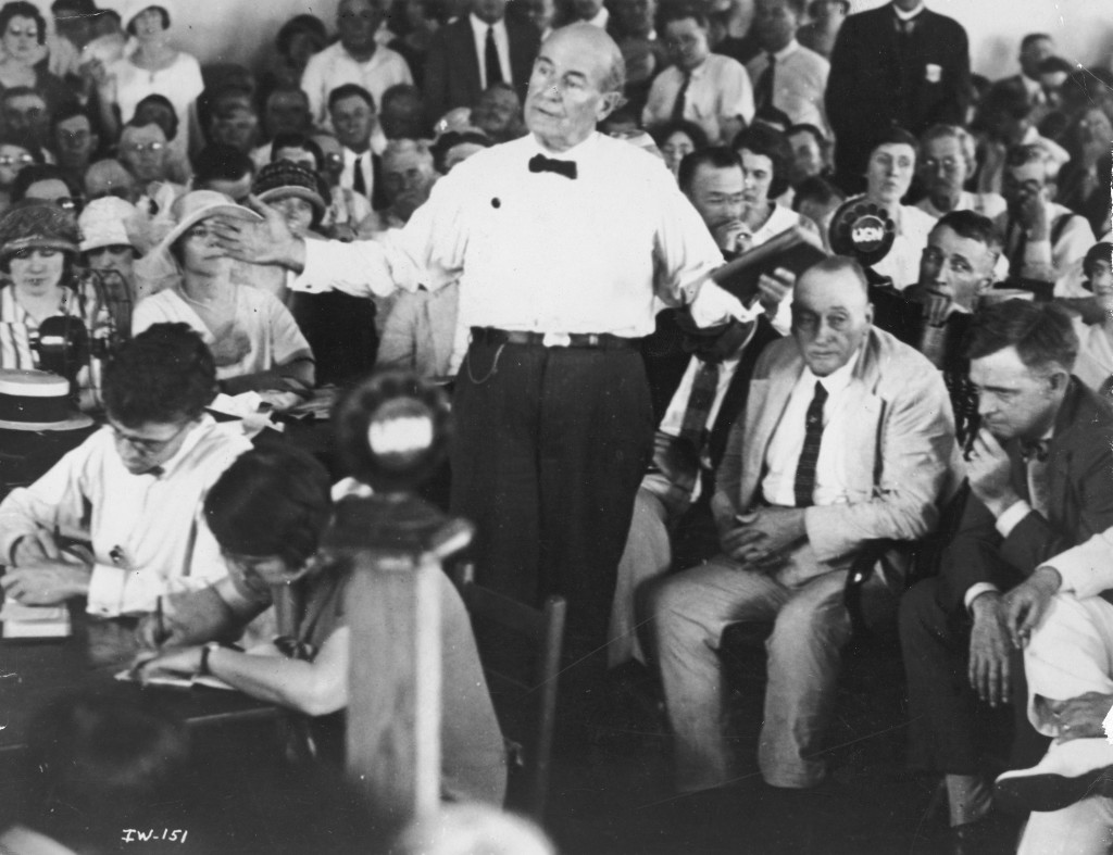 1925 Scopes Trial: American lawyer and politician William Jennings Bryan (1860 - 1925) argues for the prosecution during the Scopes 'Monkey Trial,' Dayton, Tennessee, 1925. (Photo by Hulton Archive/Getty Images)