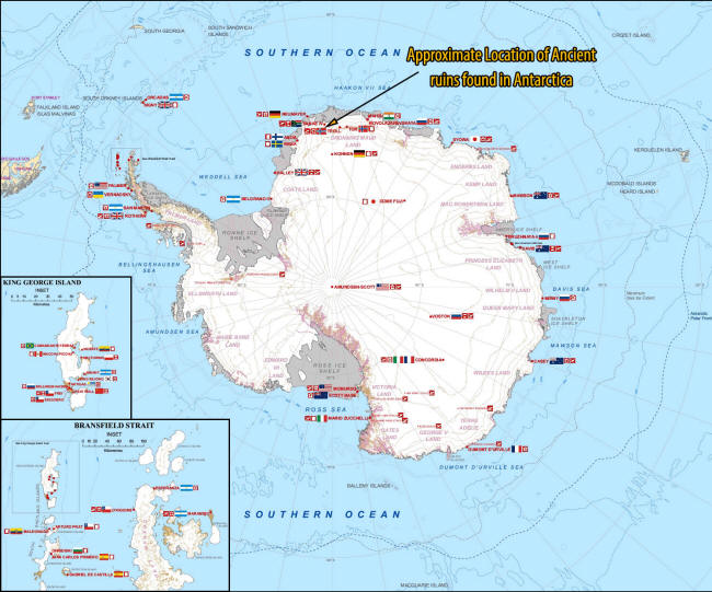 antarctica location of ruins - map
